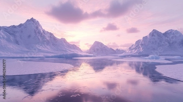 Fototapeta Serene winter landscape with mountains, ice, and a reflective water surface at sunrise.