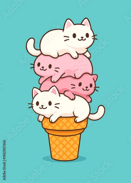 Fototapeta Ice cream cone with cute kittens . Creative vector illustration for poster, banner, card, menu
