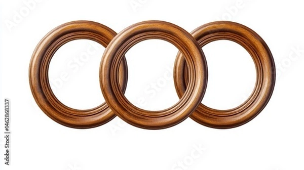Obraz Three round, wooden picture frames, shown from the front, against a white background.

