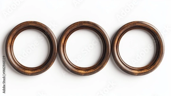 Obraz Three round, wooden picture frames, shown from the front, against a white background.
