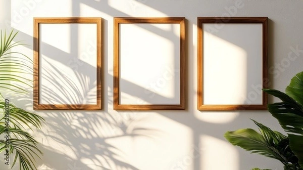 Obraz Three wooden picture frames hang on the wall.
