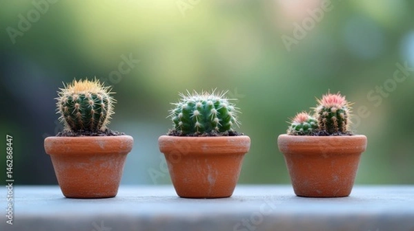 Fototapeta Tiny cacti in small pots.
