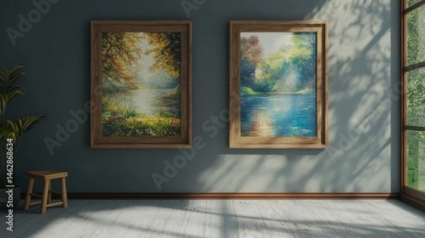 Obraz Two posters in wooden frames, shown in a 3D image.
