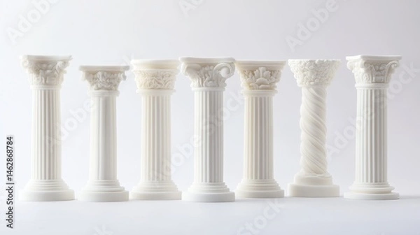 Obraz White, Greek-style columns are shown against a white background.  These pillars could be used as wedding cake decorations or on invitations.
