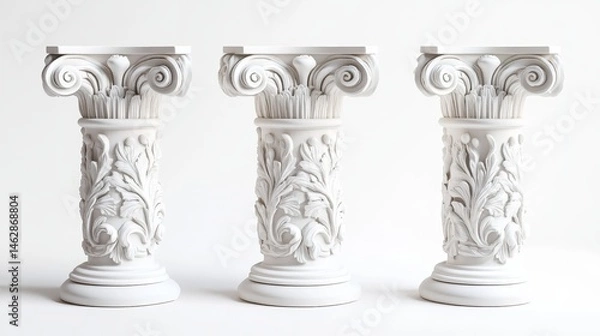 Obraz White, Greek-style columns are shown against a white background.  These pillars could be used as wedding cake decorations or on invitations.
