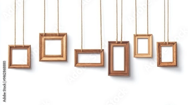 Obraz Wooden picture frames of different sizes hang on strings against a white background.
