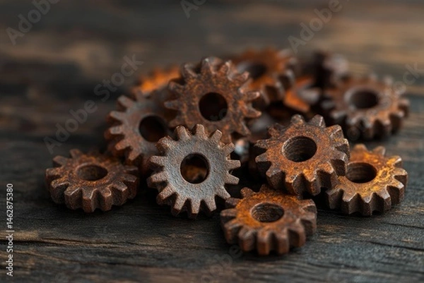 Fototapeta A pile of rusty metal gears on a dark wooden surface, showcasing intricate details and texture.