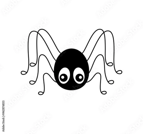 Obraz Spider funny cartoon creature with big eyes, eight legs hand drawn vector festive illustration. Cute and spooky design element, for Halloween holiday, projects, stickers, and insect-themed decorations