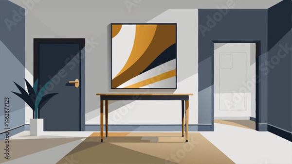 Fototapeta A sleek and modern entryway with white walls and a polished concrete floor brought to life with a metallic console table and a bold abstract painting in shades of gold and white.