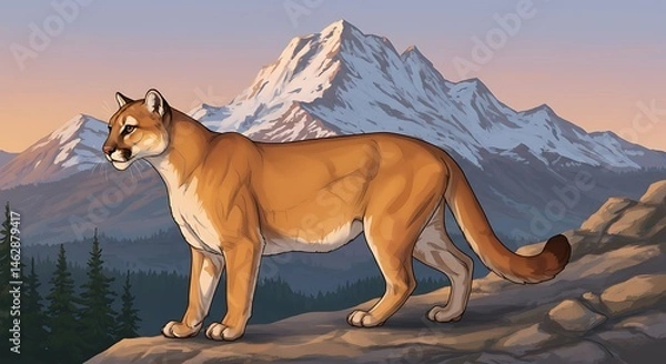 Fototapeta Mountain Lion in Front of Snowy Peaks Illustration
