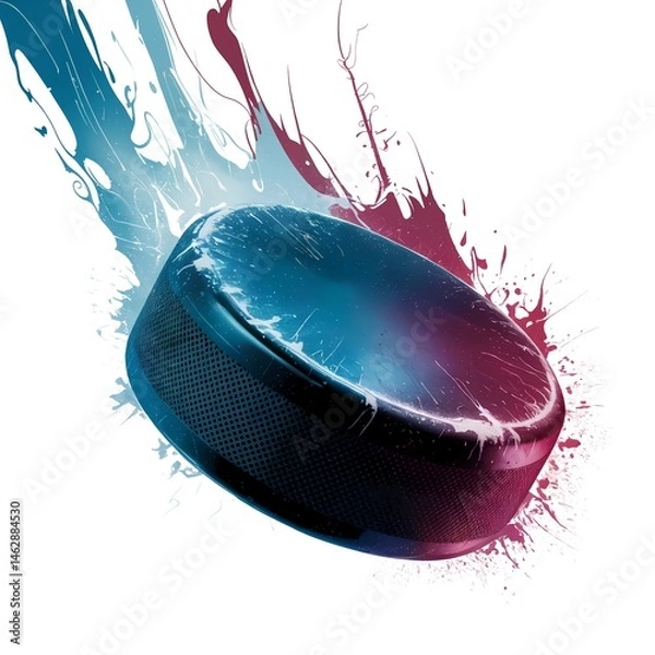 Fototapeta A digital illustration of a hockey puck. The puck displays a dynamic swirl of icy blue and deep crimson paint splatters
