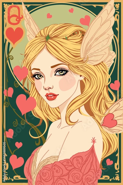 Obraz Queen of Hearts. Playing card vector. Art nouveau style