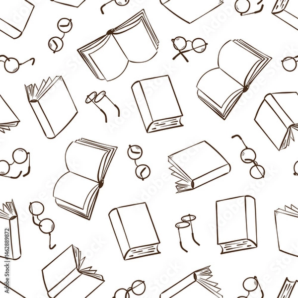 Fototapeta Seamless sketch books and glasses pattern. Hand drawn outline book and eyewear vector reading illustration