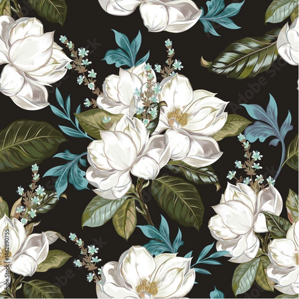 Fototapeta Beautiful vector seamless white magnolia flower pattern