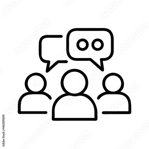 Obraz outline icon of community discussion with three people and speech bubbles, group communication concept for local election campaign, black on white