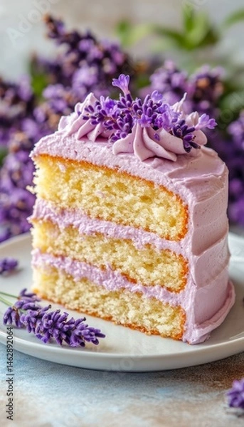 Obraz Slice of Three Layer Vanilla Cake with Lavender Icing and Lavender Sprigs for Decoration