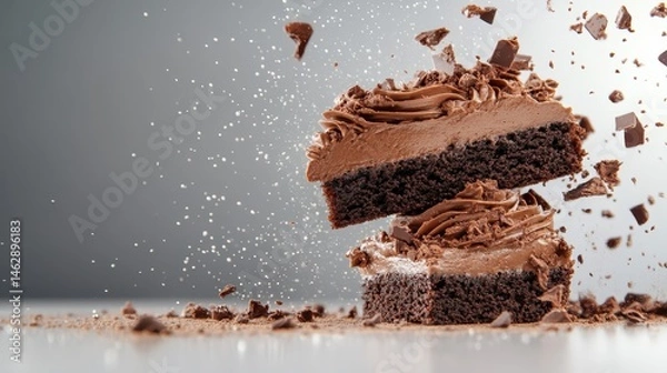 Fototapeta A sumptuous chocolate cake is dramatically falling, showcasing its tantalizing layers filled with rich frosting and topped with beautiful chocolate sprinkles, perfect for dessert lovers.