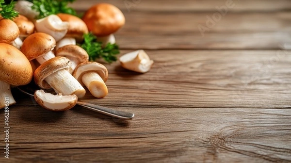 Obraz A collection of fresh mushrooms is beautifully arranged on a rustic wooden table, highlighting the organic elements and earthy tones, creating a harmonious kitchen atmosphere.