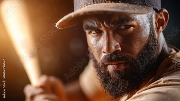 Obraz A close-up portrait of a determined baseball player with a beard, gripping a bat tightly. The dramatic lighting enhances the intense look on his face as he prepares to swing.