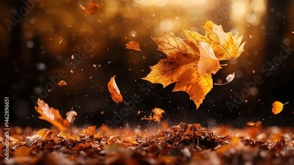 Obraz A captivating scene of autumn leaves swirling in the air, illuminated by golden sunlight, creating a magical and serene atmosphere in a forest setting.