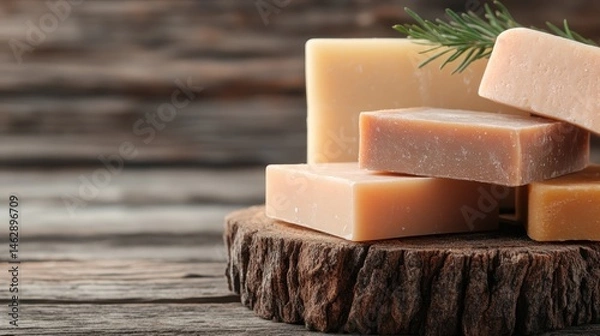 Obraz This image features several artisanal soap blocks arranged on a rustic wooden surface, conveying a sense of craftsmanship and the natural beauty of handmade products.