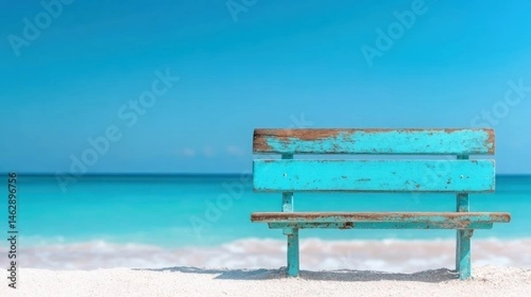 Obraz A rustic blue bench sits quietly at the edge of a serene beach, overlooking calm turquoise waters and a peaceful sky, inviting relaxation and contemplation.