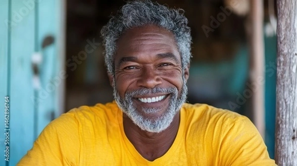Obraz A cheerful man with gray hair beams with warmth and happiness, embodying a joyful spirit while enjoying a candid outdoor moment filled with positive energy.