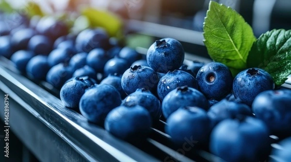 Obraz Vibrant blueberries glisten under soft lighting on a display tray, emphasizing their freshness and inviting nature as they await eager buyers at a local market.