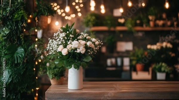 Fototapeta A beautiful bouquet of white roses and greenery sits gracefully in a white vase on a rustic wooden table, enhancing the warm ambiance of a cozy setting filled with lights.