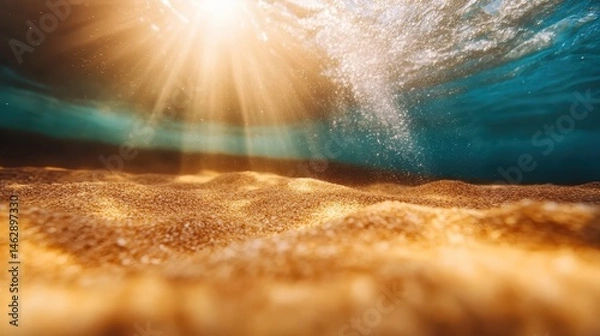 Fototapeta This serene underwater scene captures sunbeams filtering through water, illuminating the soft golden sand below, creating a tranquil and peaceful underwater atmosphere.