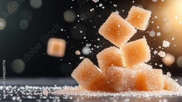 Obraz An artistic shot capturing sugar cubes flying in the air, surrounded by a sparkly backdrop that highlights the sweetness and culinary delight.