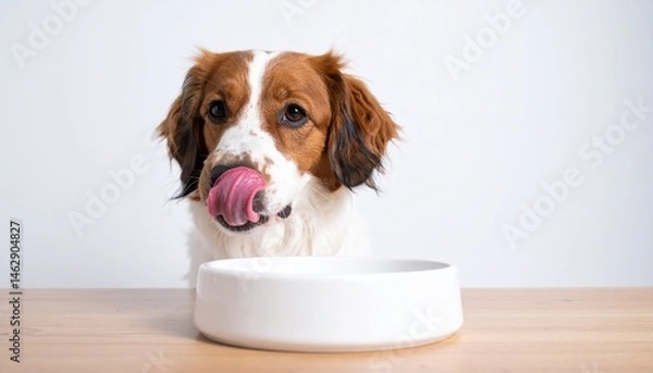 Fototapeta 食事を心待ちにして舌なめずりをする犬
