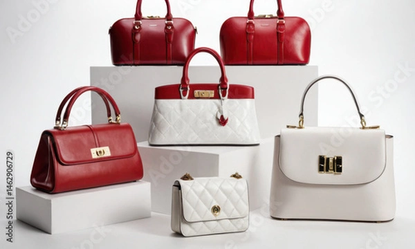 Fototapeta A collection of vibrant red and white handbags arranged for showcase