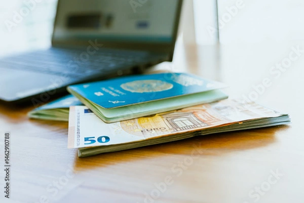 Fototapeta Two passports of the Republic of Kazakhstan and banknotes in denominations of euro and dollar. High quality photo