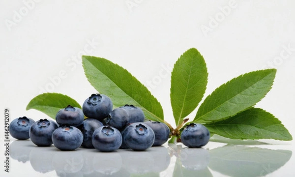 Fototapeta Fresh blueberries with green leaves on a white surface