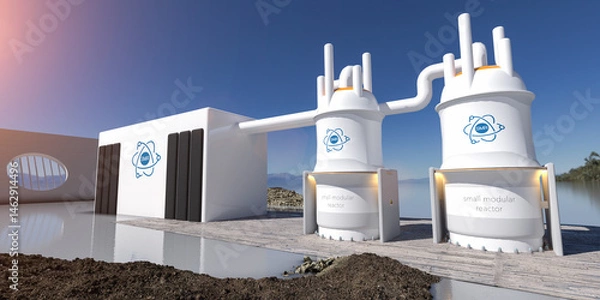 Fototapeta concept of a SMR small modular nuclear reactor power plant on a sunny day. SMR is a future energy concept. 3d rendering.