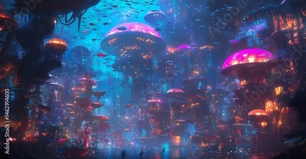 Fototapeta Futuristic underwater city glowing domes schools of fish swimming past cinematic aquatic metropolis