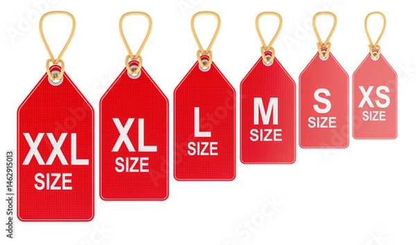 Fototapeta Red Sale Tags with different clothing size XS, S, M, L, XL and XXL, 3D rendering isolated on transparent background