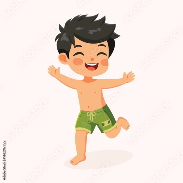 Fototapeta Cute and happy boy running in bathing suits on white background. Poster, Banner, Flyer, Summer time. Vector illustration in flat cartoon style