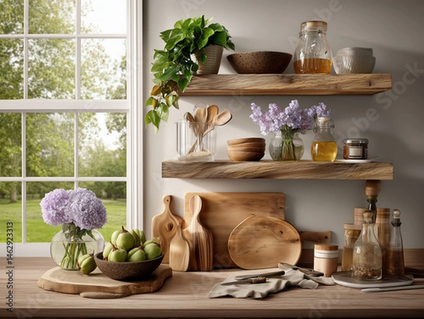 Obraz Rustic Kitchen Shelves with Natural Elements