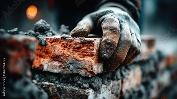 Obraz Skilled Craftsman Placing Brick with Mortar in Construction Process