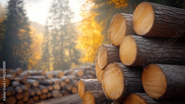 Fototapeta Stacked Logs in Soft Autumn Light with Forest Background
