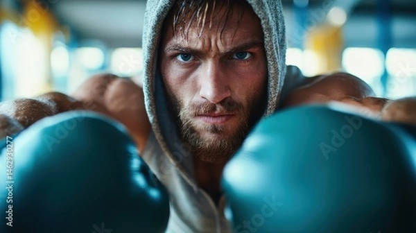 Fototapeta A determined boxer, clad in a hoodie and gloves, intensely focuses on his training, exemplifying strength, dedication, and the relentless pursuit of excellence.