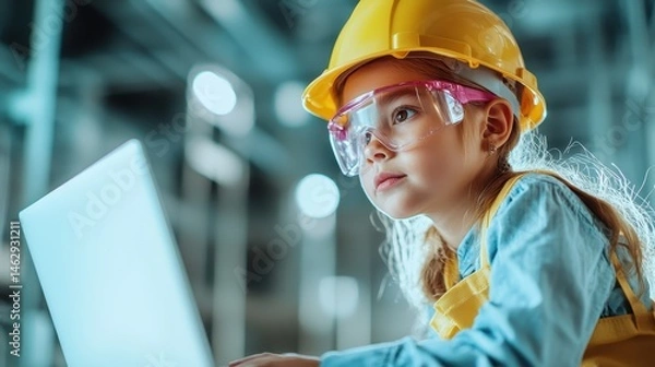 Fototapeta A young girl dons a hard hat and safety glasses while focused on a laptop at a construction site, symbolizing empowerment and the growing interest in STEM fields among children.