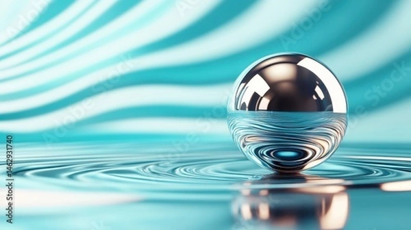 Fototapeta A mesmerizing water droplet rests on a smooth surface, reflecting beautiful ripple patterns, symbolizing tranquility, flow, and the intricate beauty of nature's design.