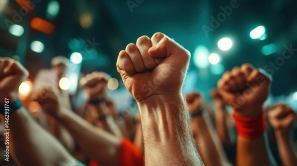 Obraz A powerful image capturing raised fists of protestors in a rally, symbolizing unity, strength, and collective voices demanding change and social justice in society.