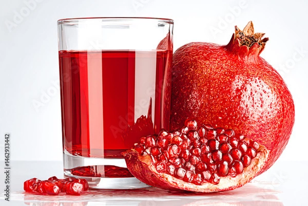 Fototapeta Verre de grenadine avec fruit, grenade entière et coupée