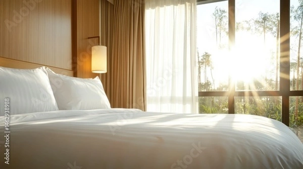 Obraz A serene hotel room featuring a plush bed and soft morning sunlight streaming through large windows, evoking feelings of rest, comfort, and tranquility in a chic design.