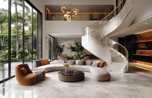 Fototapeta Modern luxury home interior design, showcasing a curved sofa and grand staircase, overlooking a lush garden