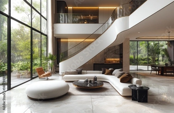 Fototapeta Modern luxury home interior; curved staircase, open plan living, garden view; architectural visualization